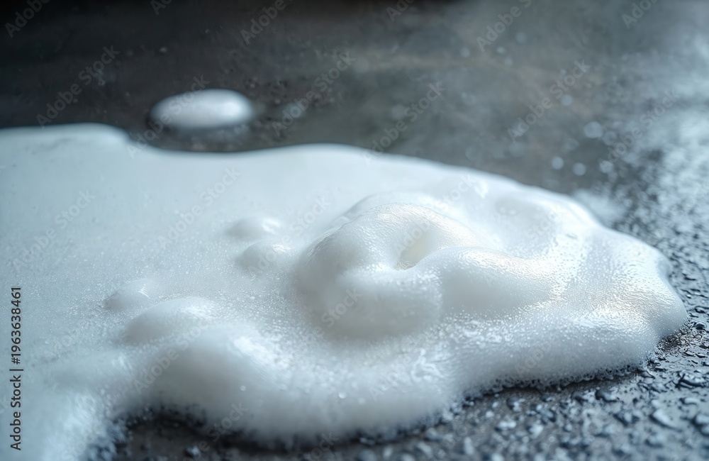 Obraz premium White car wash soap suds create abstract patterns as they drain across a textured wet floor. The bubbly foam flows creating interesting textures and fluid shapes.