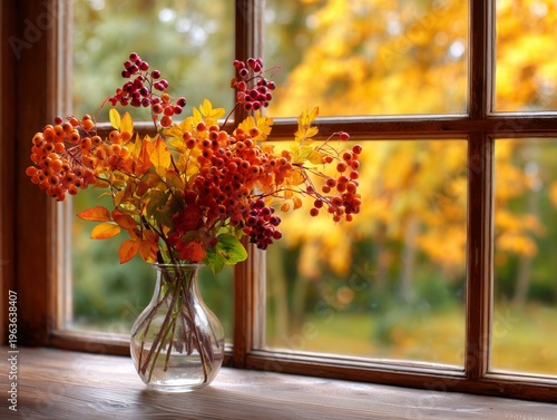Vase With Colorful Flowers Sits on a Wooden Window Sill in an Autumn Setting