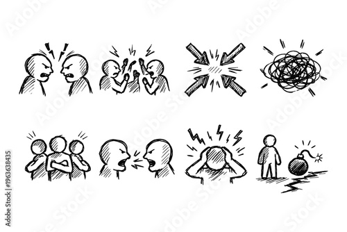 Collection of hand-drawn icons depicting conflict, stress, and tension between people
