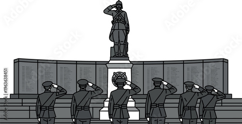 An honorable illustration showing uniformed soldiers saluting a brave hero statue on a memorial wall, commemorating the sacrifices of fallen military personnel.