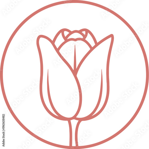 Simple line art icon depicting an unopened tulip bud enclosed within a circular frame suitable for branding or delicate design elements.