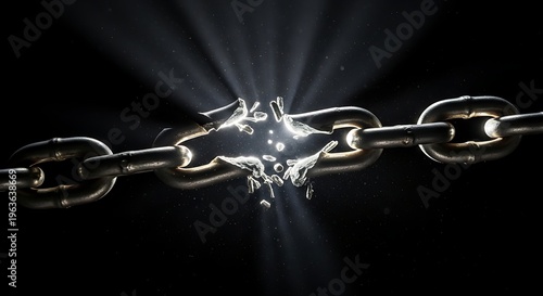Breaking free concept with a chain bursting open on a dark background