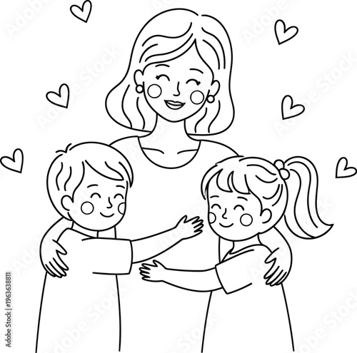 Black and white line art illustration shows a loving mother tenderly embracing her two happy children, a boy and a girl, surrounded by floating hearts.