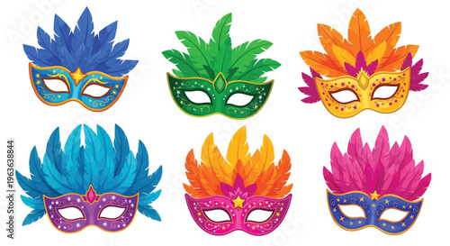 A collection of colorful masquerade masks with feathers and glitter on a white background