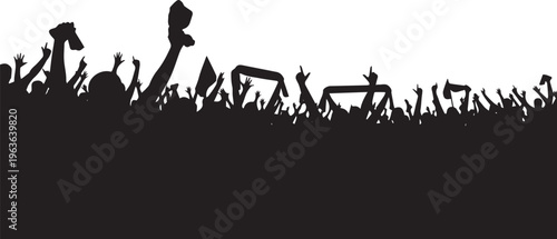 Crowd silhouette of cheering fans at a concert or stadium, black and white audience vector, people with raised hands and scarves at a sports event