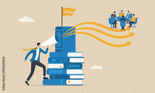 Learning or together for business challenge, motivation or ambition to learn new skill concept, smart businessman climb book stack to reach goal