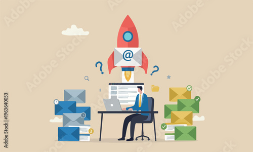 Email management teams reply all emails, efficiency or productive way, prioritize or categorize information concept, businessman work with computer laptop on email envelope