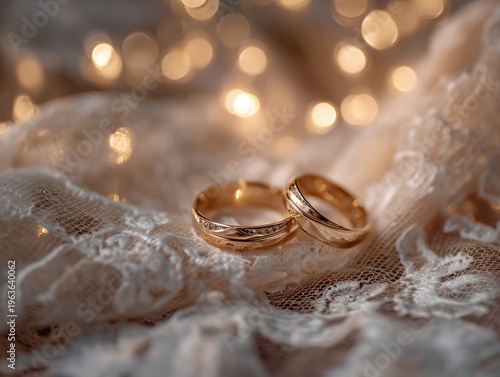 Two Gold Wedding Rings Lay on Delicate Lace Fabric