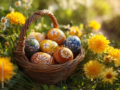 Colorful Eggs Sit in a Basket Among Flowers in a Garden During Springtime