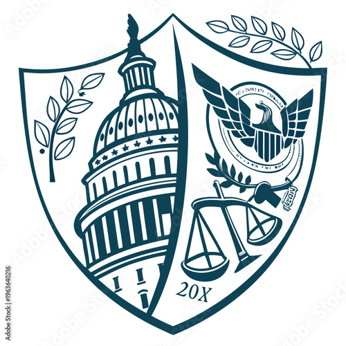 Legal justice crest with government dome eagle emblem and scales of justice