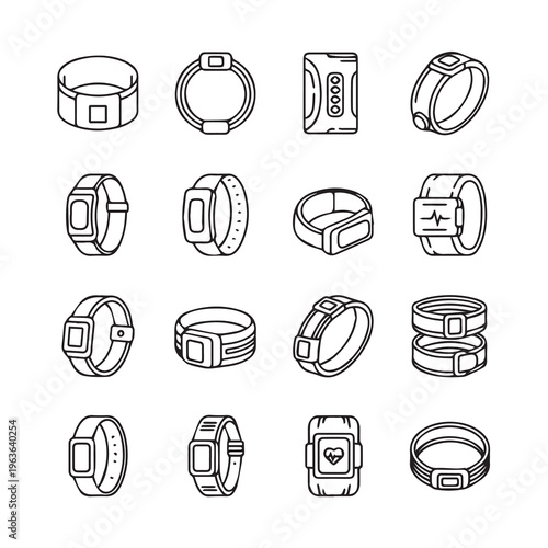 Wearable Fitness Trackers and Smartwatches Collection Line Art Icons Isolated on White