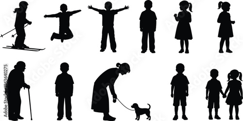 Black silhouette collection featuring children playing, a woman walking a dog, an elderly person with a cane, and kids skiing.