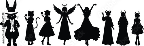 Black silhouette of anime characters featuring cat girl, angel with wings, demon horns, bunny in tuxedo, and fantasy girls for design.