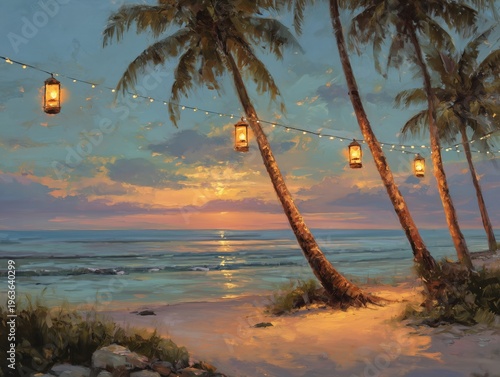 Sunset View Over the Ocean With Lanterns Hanging on Trees