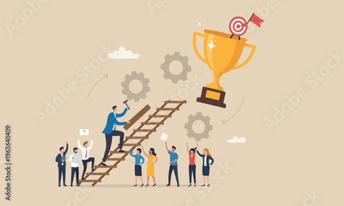 Building ladder meeting teams success, strategy and plan growing achieve target goal, ambition and aspiration concept, businessman building ladder of success climbing to top of champion trophy