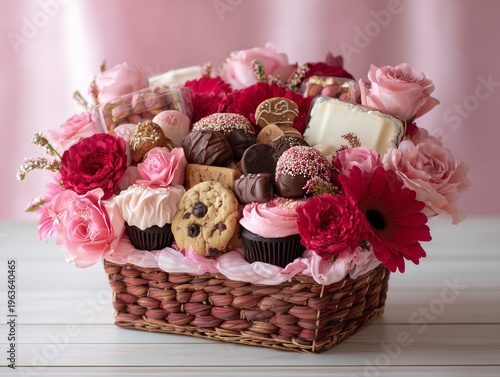 Basket of Flowers and Treats on a Table With Coffee in a Cozy Setting