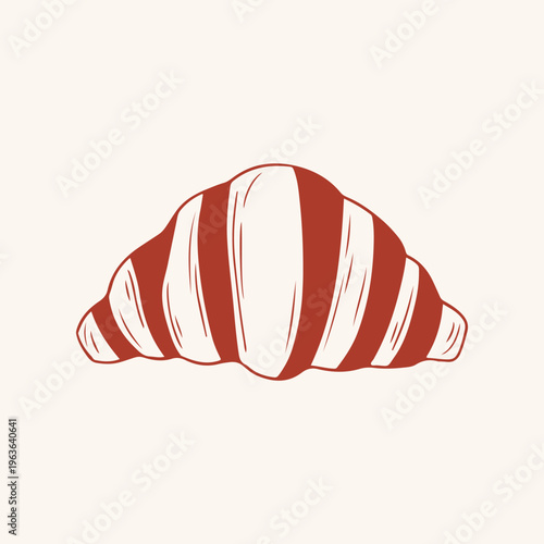 French croissant with chocolate vector illustration in red outline modern retro style. For bakery menu, cafe branding and breakfast food concepts. Minimalist hand drawn food art isolated on beige