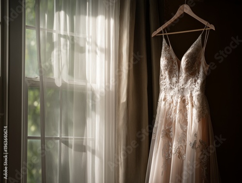 Bridal Dress Hangs in a Window With Natural Light During the Day
