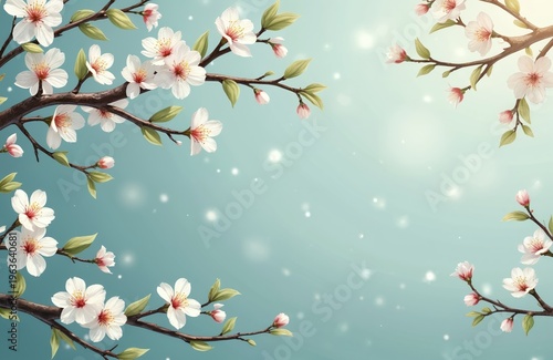 Delicate white cherry blossoms on branches against soft blue sky. Springtime flowering tree detail. Nature beauty peaceful background for greeting cards.