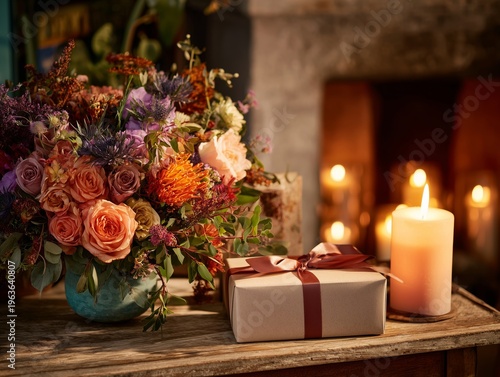 Flowers and a Gift Sit on the Table Next to a Lit Candle in a Cozy Setting