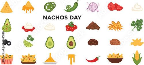Nachos Day Food Icons with Toppings and Ingredients Flat Style