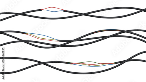 3d power cables. Realistic electric wires, broken and torn energy cables isolated vector set
