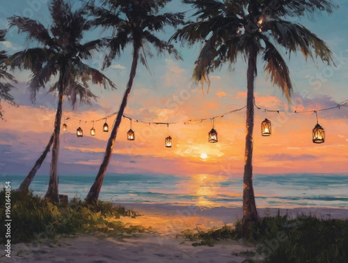 Colorful Sunset at Beach With Palm Trees and Hanging Lanterns