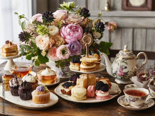 Tea Time Featuring Snacks and Flowers on a Table Set in a Cozy Room During Af...