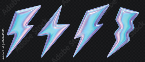 3d lightning fluid holographic icons. Thunderbolt y2k iridescent hologram. Speed flash glass neon symbol, realistic crystal electric blue power emoji. Glossy shiny metallic energy arrow vector set