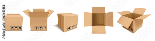 3d cardboard boxes. Realistic parcel front, side and top view, closed and open. Cargo delivery boxes. Vector isolated set