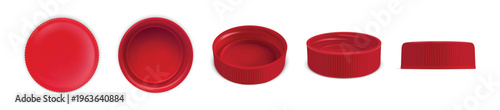 Plastic bottle cap for mineral water and soda. 3D realistic red screw lids top, side and front view. Vector isolated mockups set