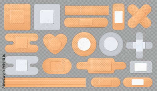 Medical plaster realistic set. First aid kit bandage, adhesive band, medicine sticky transparent patches. Bandage for wound and injury. Accident care elements. Vector isolated set