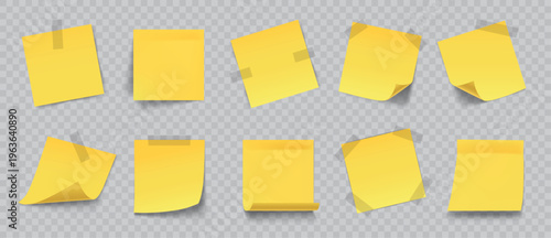 Yellow paper notes. 3D realistic sticky notes, blank memo papers for reminders, office messages organization. Vector isolated set
