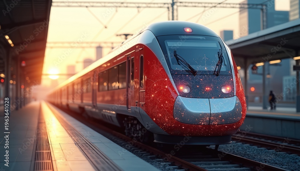 Fototapeta premium Modern red train arrives at station platform during sunset golden hour. High speed rail transports passengers through cityscape. Futuristic technology integrates with transport.