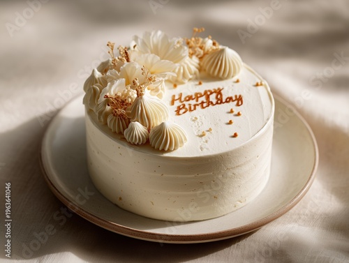 Beautiful Cake With Flowers and Leaves on a White Plate in a Bright Room