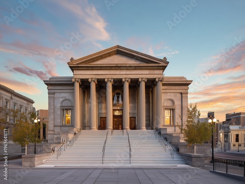 Historic Building With Columns at Sunset in a City