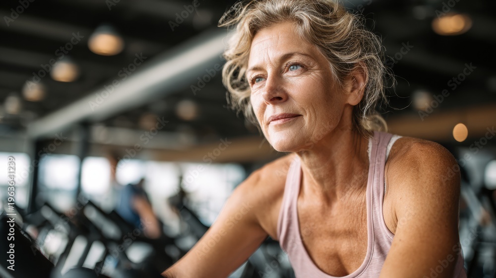 Fototapeta premium Older Woman on a Stationary Bike in Modern Gym Showing Focus and Determination During Fitness Activity at a Premium Health Space