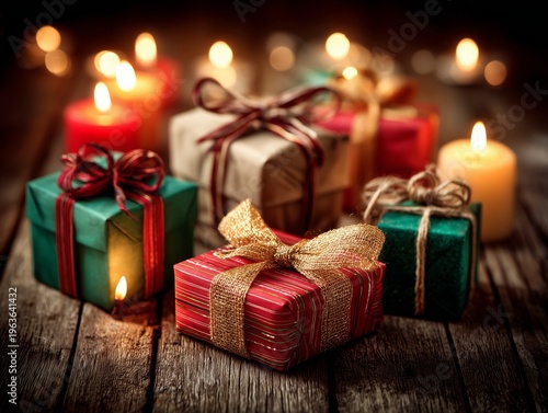 Colorful Gift Boxes Arranged on a Wooden Table With Candle Light in the Backg...