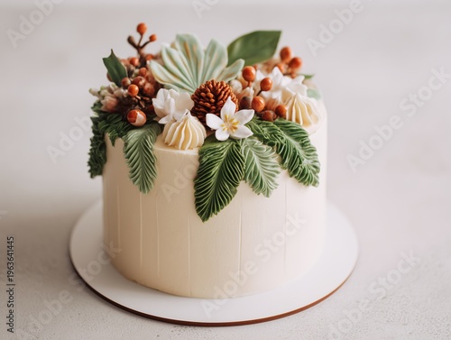 Beautiful Cake With Flowers and Leaves on a White Plate in a Bright Room