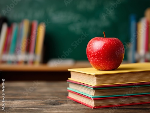 Educational Setting With Red Apple on Stacked Books in Classroom With Green C...