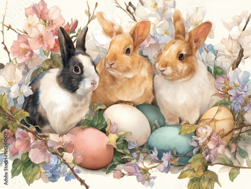Rabbits Gather Around Colorful Eggs Among Flowers in a Springtime Setting