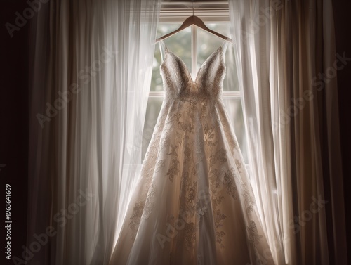 Bride Dress Hanging by Window With Soft Light Shining Through Curtains for We...