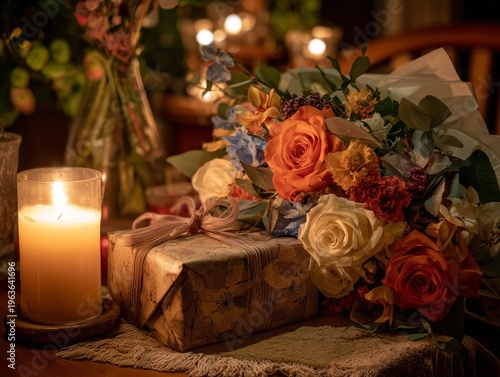 Flowers and a Gift Sit on the Table Next to a Lit Candle in a Cozy Setting