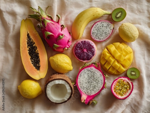 Colorful Display of Fruits on White Cloth at Kitchen Table During Daylight