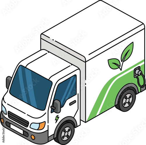 White delivery truck with green leaf logo, cargo vehicle for logistics and transportation services isolated on transparent background, Vector