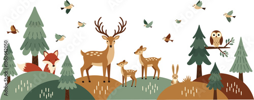 Whimsical forest scene with deer butterflies and birds in trees and hills in a natural setting landscape