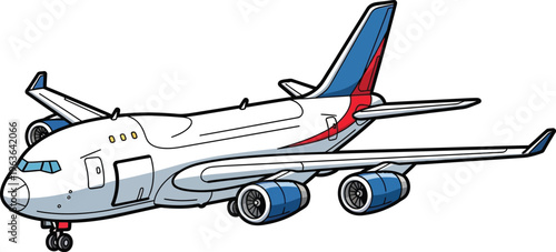 Airplane vector illustration, white commercial jet with blue and red tail, aircraft for travel and transportation isolated on transparent background, Vector