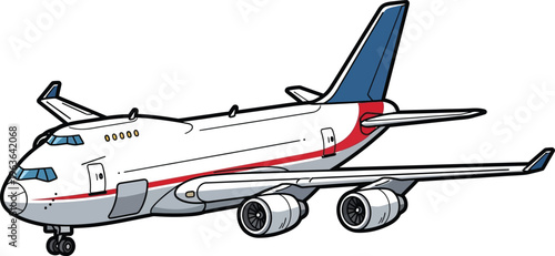 Commercial airplane with red and blue stripes, white body, and blue tail, passenger jet illustration isolated on transparent background, Vector