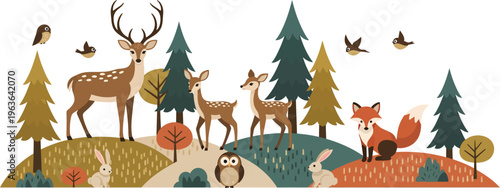 Whimsical forest scene with deer fawn and animals in a natural autumnal setting with trees and birds flying