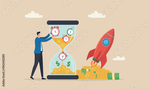 Time money retirement pension fund concept, smart businessman investor putting time pieces, clock, alarm clock and timer into sandglass falling to money profit return